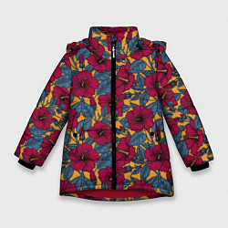 Зимняя куртка для девочки Красные цветы