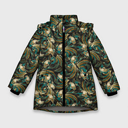 Куртка зимняя для девочки Абстрактные зеленые листья, цвет: 3D-светло-серый