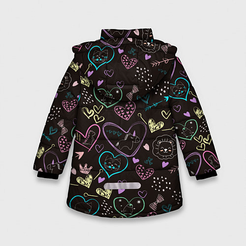 Зимняя куртка для девочки Паттерн милые животные и сердечки / 3D-Черный – фото 2