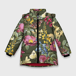 Куртка зимняя для девочки Цветы Винтажные, цвет: 3D-красный