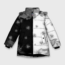 Куртка зимняя для девочки РОССИЯ - ГЕРБ Огонь Паттерн, цвет: 3D-черный