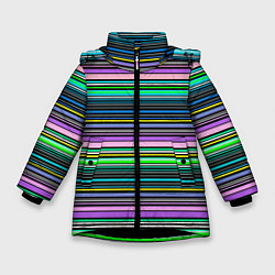 Куртка зимняя для девочки Яркие неоновые тонкие полосы, цвет: 3D-черный