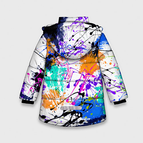 Зимняя куртка для девочки Брызги и мазки разноцветных красок на белом фоне / 3D-Черный – фото 2