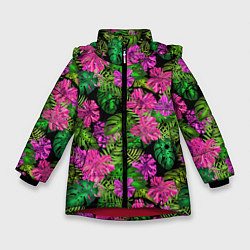 Зимняя куртка для девочки Тропические листья и цветы на черном фоне