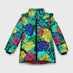 Зимняя куртка для девочки Тропические растения на бирюзовом фоне