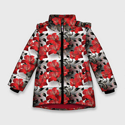 Куртка зимняя для девочки Красные абстрактные цветы, цвет: 3D-красный