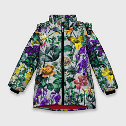 Куртка зимняя для девочки Цветы Летний Орнамент, цвет: 3D-красный