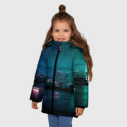 Куртка зимняя для девочки Неоновый город с рекой - Светло-зелёный, цвет: 3D-светло-серый — фото 2