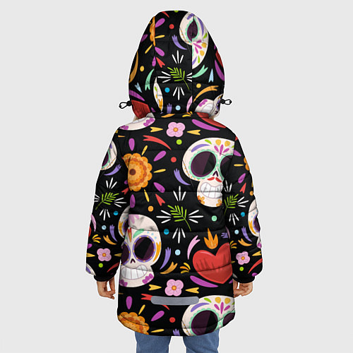 Зимняя куртка для девочки Веселые черепа в цветах / 3D-Красный – фото 4