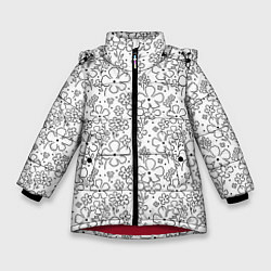 Куртка зимняя для девочки Цветочки черные на белом, цвет: 3D-красный