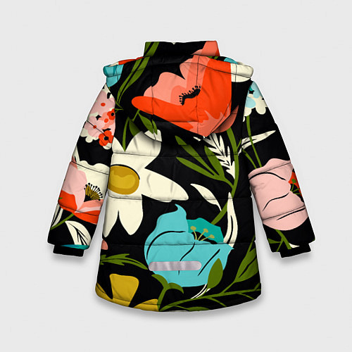 Зимняя куртка для девочки Яркие цветы на фоне тёмной летней ночи / 3D-Черный – фото 2