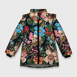 Куртка зимняя для девочки Паттерн из цветов, черепов и саламандр, цвет: 3D-светло-серый