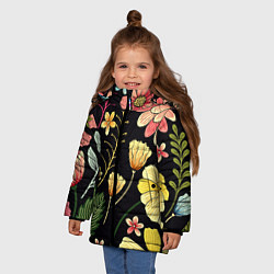 Куртка зимняя для девочки Яркие цветы на фоне тёмной летней ночи!, цвет: 3D-черный — фото 2