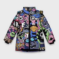 Куртка зимняя для девочки Милые и веселые монстры, цвет: 3D-черный
