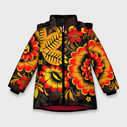 Зимняя куртка для девочки Хохломская Роспись Цветы На Тёмном Фоне