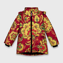 Зимняя куртка для девочки Хохломская Роспись Цветы На красном Фоне