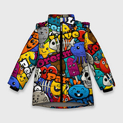 Куртка зимняя для девочки Красочный паттерн из мультяшных героев, цвет: 3D-светло-серый