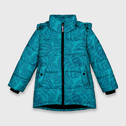 Зимняя куртка для девочки Синие листья монстеры на голубом