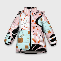 Куртка зимняя для девочки Абстрактные фигуры с пальмовыми листами на розовом, цвет: 3D-светло-серый