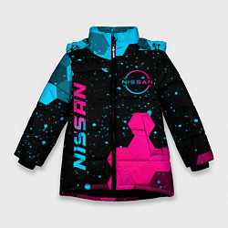 Куртка зимняя для девочки Nissan - neon gradient: символ и надпись вертикаль, цвет: 3D-черный