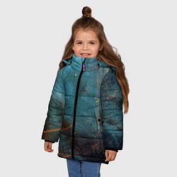 Куртка зимняя для девочки Абстрактная тёмно-синяя краска с оранжевыми мазкам, цвет: 3D-светло-серый — фото 2