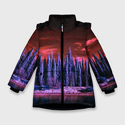 Куртка зимняя для девочки Абстрактный фиолетовый лес и тёмная река, цвет: 3D-черный