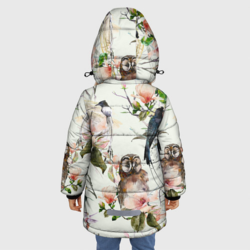 Зимняя куртка для девочки Цветы Нарисованные Магнолии и Птицы / 3D-Красный – фото 4