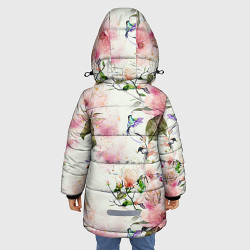 Зимняя куртка для девочки Цветы Нарисованные Магнолии и Разноцветные Птицы / 3D-Светло-серый – фото 4