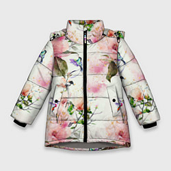 Куртка зимняя для девочки Цветы Нарисованные Магнолии и Разноцветные Птицы, цвет: 3D-светло-серый