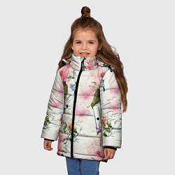 Куртка зимняя для девочки Цветы Нарисованные Магнолии и Разноцветные Птицы, цвет: 3D-светло-серый — фото 2