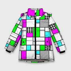 Зимняя куртка для девочки Неоновый геометрический узор с черными линиями
