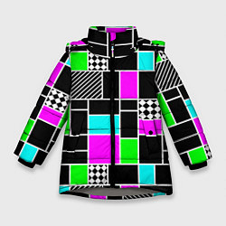 Куртка зимняя для девочки Неоновый геометрический узор на черном, цвет: 3D-светло-серый