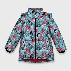 Зимняя куртка для девочки Голубые тропические листья и цветы