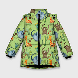 Куртка зимняя для девочки Африканские животные - слон обезьянка жираф, цвет: 3D-черный