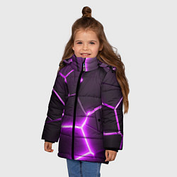 Куртка зимняя для девочки Фиолетовые неоновые геометрические плиты, цвет: 3D-красный — фото 2
