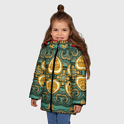 Куртка зимняя для девочки Золотые узоры на бирюзовом фоне, цвет: 3D-светло-серый — фото 2