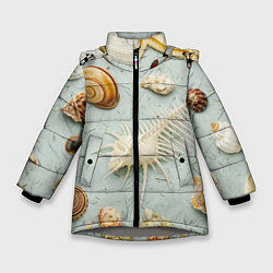 Куртка зимняя для девочки Океанские ракушки и морские звёзды на песке, цвет: 3D-светло-серый
