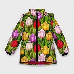 Куртка зимняя для девочки Объемные разноцветные тюльпаны, цвет: 3D-красный