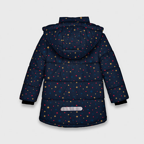 Зимняя куртка для девочки Золотые, красные, синие звезды на темно синем / 3D-Черный – фото 2