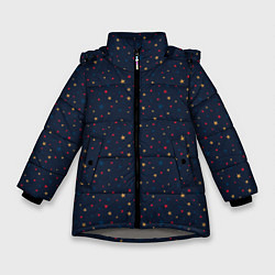 Зимняя куртка для девочки Золотые, красные, синие звезды на темно синем