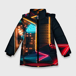 Куртка зимняя для девочки Неоновые огни на геометрических поверхностях, цвет: 3D-красный