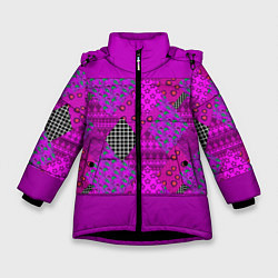 Зимняя куртка для девочки Малиновый комбинированный узор пэчворк