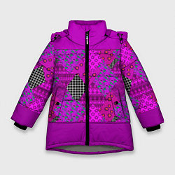 Куртка зимняя для девочки Малиновый комбинированный узор пэчворк, цвет: 3D-светло-серый