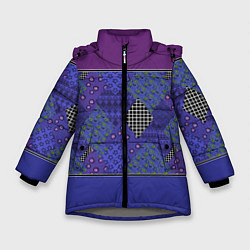 Куртка зимняя для девочки Combined burgundy-blue pattern with patchwork, цвет: 3D-светло-серый