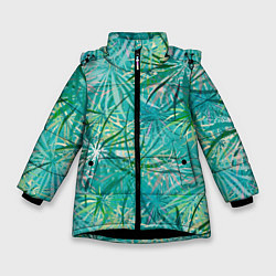 Зимняя куртка для девочки Тропические листья на зеленом фоне