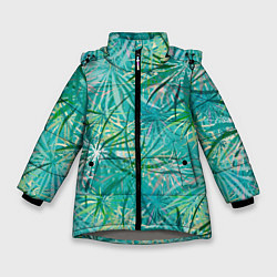 Куртка зимняя для девочки Тропические листья на зеленом фоне, цвет: 3D-светло-серый