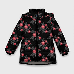 Зимняя куртка для девочки Акварельные розы на черном