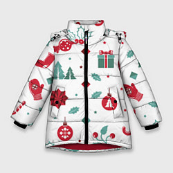 Куртка зимняя для девочки Новый год подарки, конфеты, ёлочные шары, цвет: 3D-красный