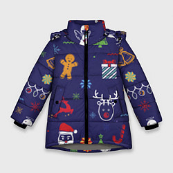 Куртка зимняя для девочки Новый год олени, ангелы, снежинки, цвет: 3D-светло-серый