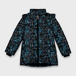 Зимняя куртка для девочки Знаки зодиака и звезды на сине- черном фоне